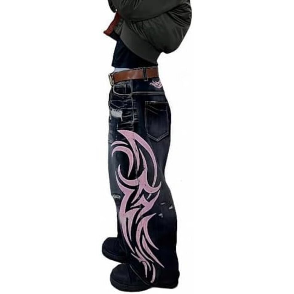 Unisex Baggy Jeans Cotton High Waisted Wide Leg Goth Hip-Hop Style